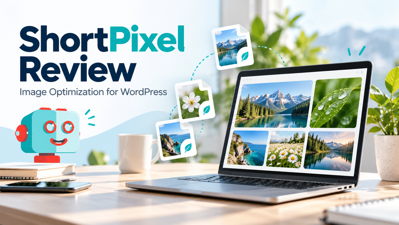 ShortPixel review illustration with a laptop photo gallery and image files