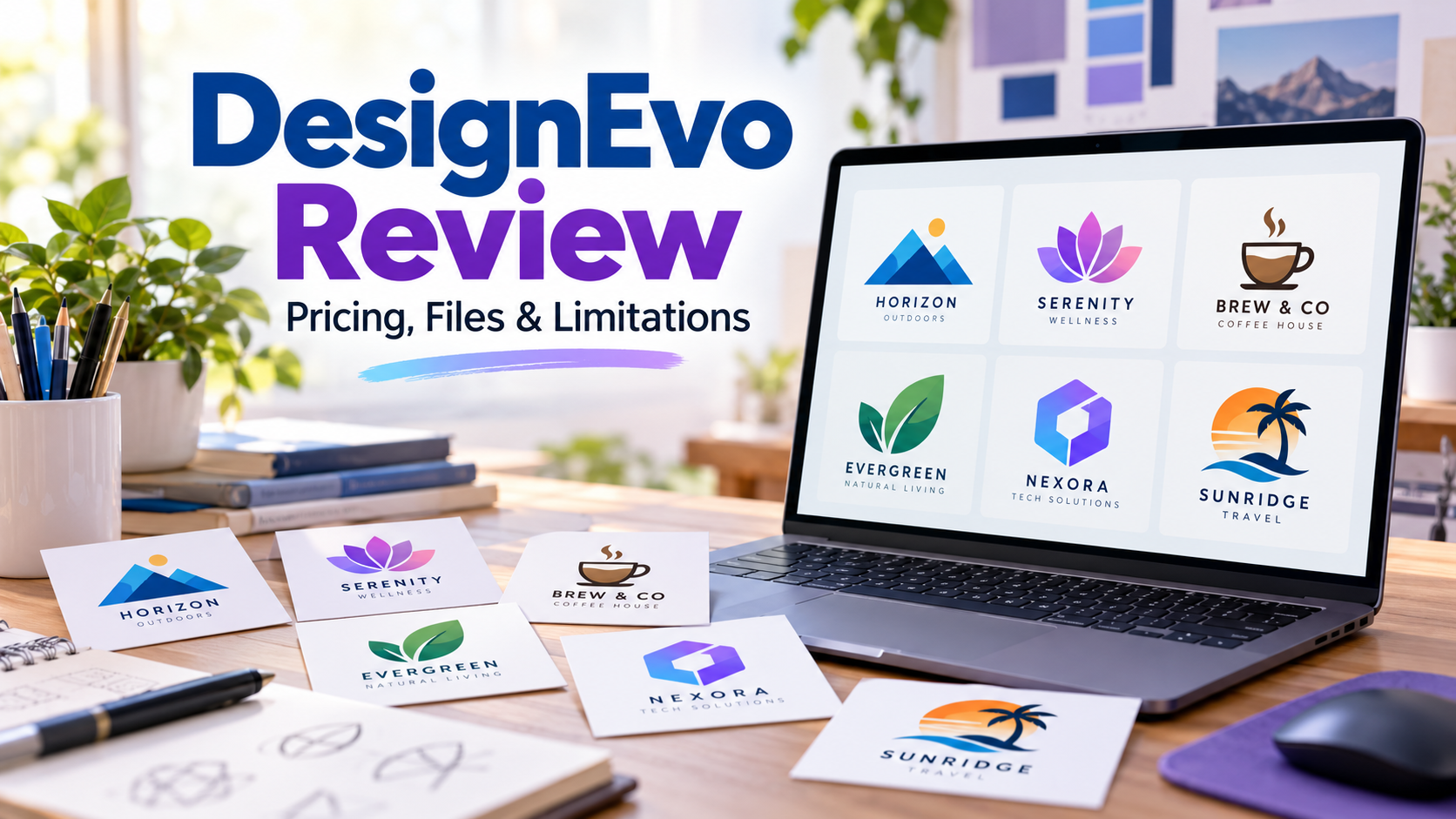 DesignEvo review illustration with a laptop and sample logo concepts